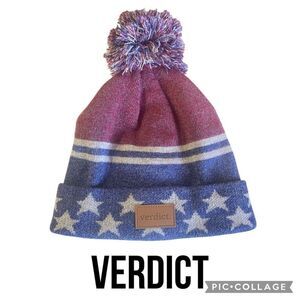 Verdict Knit Pom Beanie Red White Blue Stars NWOT